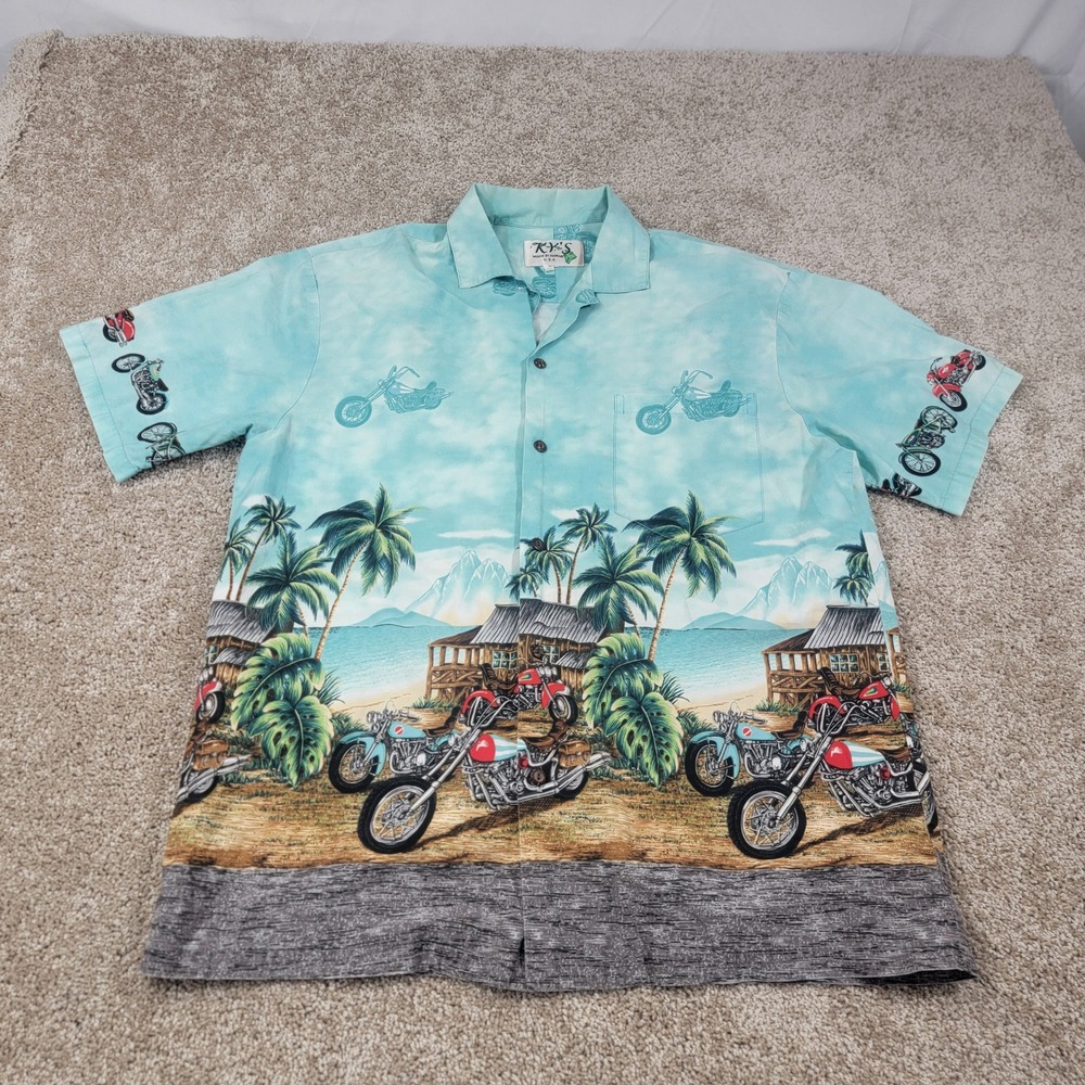 KY'S Men's Sz‎ XL Motorcycle Hawaiian Shirt Beach Palm Trees Graphic Print